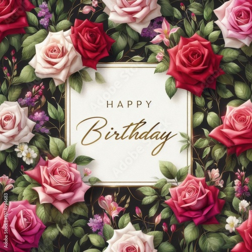 Colorful roses frame a heartfelt 'Happy Birthday' message on a black background.