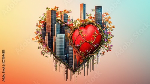 Surreal human heart intertwined with urban elements and vibrant nature against calming gradient, symbolizing emotional well-being fusion. 