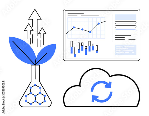 Plant growing from a flask with arrows, indicating growth, next to a data analytics dashboard, and a cloud with sync arrows. Ideal for business growth, data analytics, cloud integration