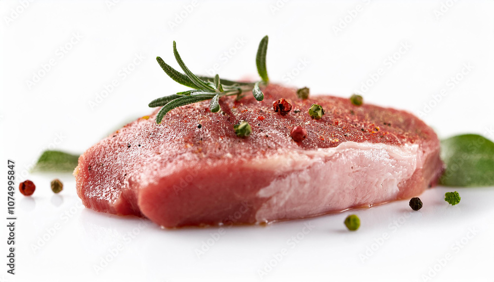 Fresh raw meat seasoned with herbs and peppercorns isolated on white background. Tasty food. Fresh raw meat seasoned with herbs and peppercorns isolated on white background. Tasty food.