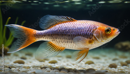 A Molly Fish swimming in crystal-clear water with a natural background. Suitable for marketing or business purposes