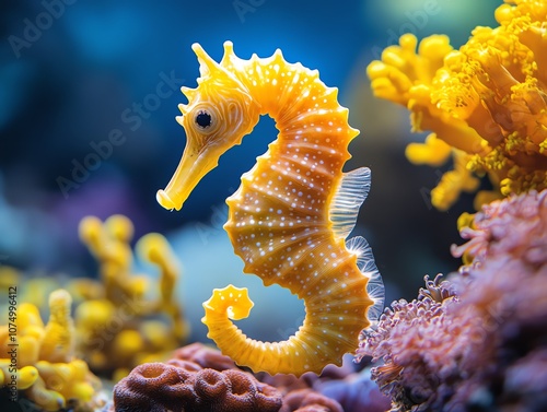 A yellow seahorse with white spots swims amongst vibrant coral reefs. photo