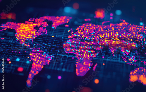 Vibrant digital world map with neon dots highlighting global connections, perfect for technology, data, and network themes.