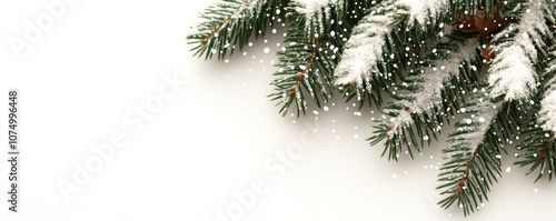 Snow-covered pine branches against a white background, evoking a wintery atmosphere.