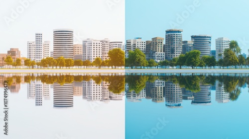 City skyline reflected in water, showing a distorted, decaying version of reality, exposing the truth behind the deceptive society. 