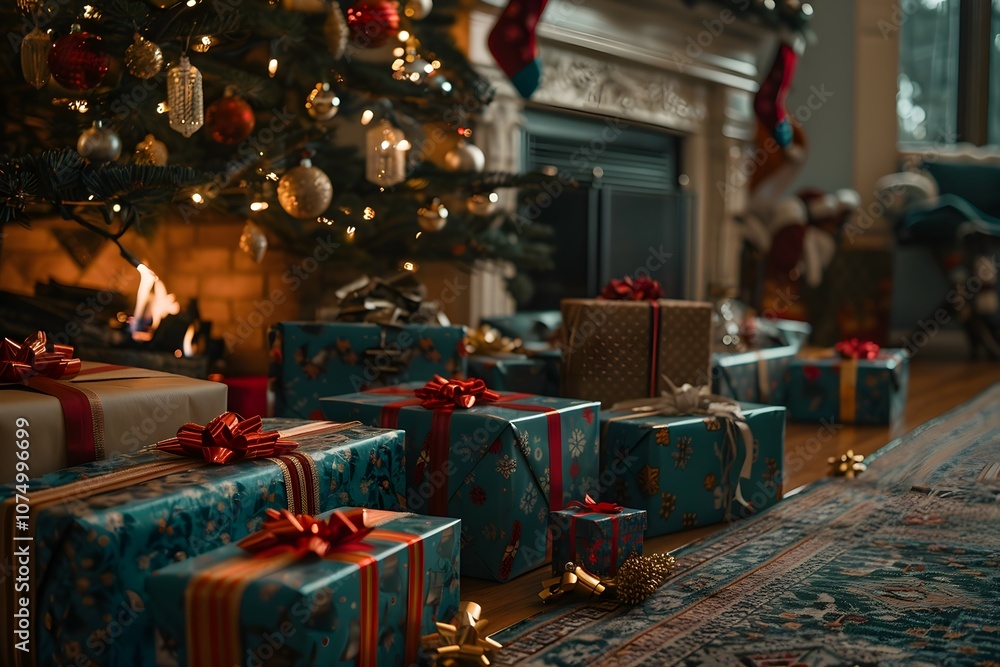 gift under a Christmas tree against the background of the fireplace gift under a Christmas tree against the background of the fireplace