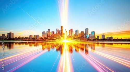 Illusion of prosperity: City skyline reflected in water, showing decay and distortion, exposing societal deception and disparity. 