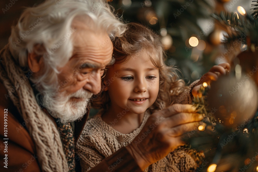 A grandfather assists his granddaughter in decorating a Christmas tree. They share smiles as they carefully place ornaments, surrounded by warm festive lights and holiday cheer A grandfather assists his granddaughter in decorating a Christmas tree. They share smiles as they carefully place ornaments, surrounded by warm festive lights and holiday cheer