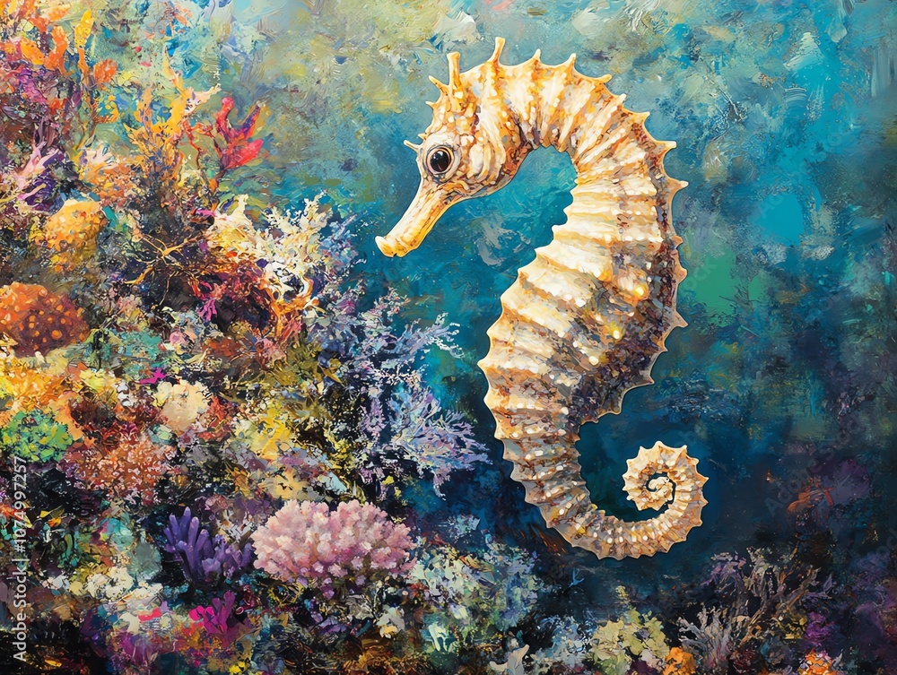 A yellow seahorse swims in a vibrant coral reef with blue water in the background. A yellow seahorse swims in a vibrant coral reef with blue water in the background.