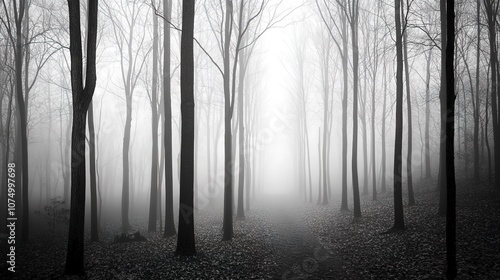 A dark and misty forest with tall trees, mysterious and quiet, sense of solitude and beauty, calm and eerie, natureÃ¢â‚¬â„¢s mystery.