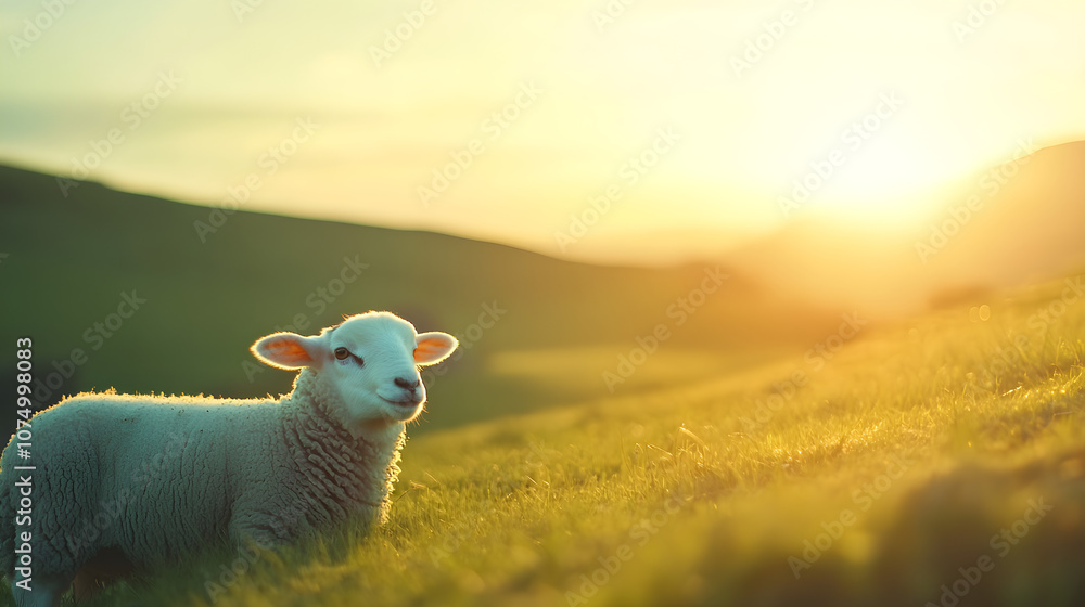 A close-up photo of a lamb on a green field during sunset captures the innocence and serenity of rural life A close-up photo of a lamb on a green field during sunset captures the innocence and serenity of rural life