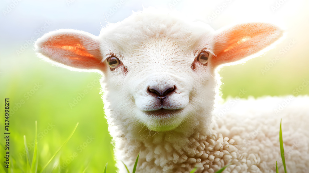 Fototapeta premium A close-up of a cute lamb smiling amidst a vibrant green field showcasing its fluffy wool and expressive eyes radiating innocence and warmth