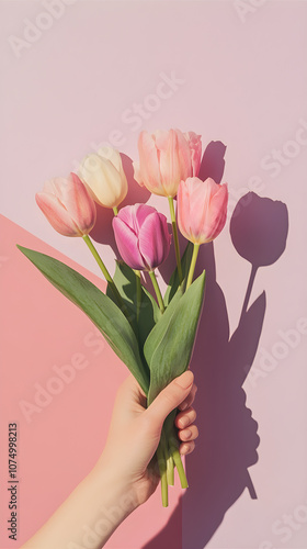 A hand holds a bouquet of fresh tulips against a pink background, showcasing vibrant flowers in shades of pink, purple, and white with long green leaves