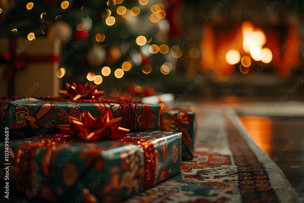 gift under a Christmas tree against the background of the fireplace gift under a Christmas tree against the background of the fireplace