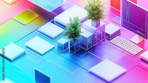 A harmonious blend of nature and technology in a vibrant office setting, promoting wellness and productivity. 