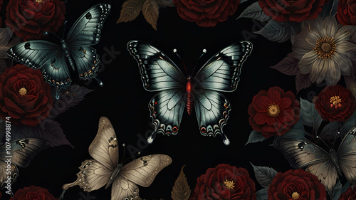 Lightning XL Butterfly vintage flowers on a dark back Great Egg fly Butterfly  Vector black background, photo