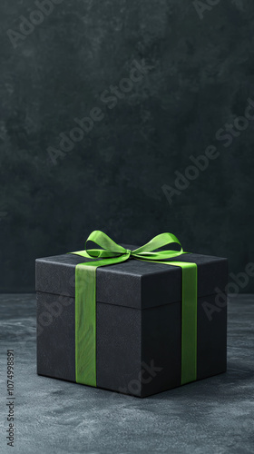 Sleek black gift box with vibrant green ribbon, perfect for any occasion. This elegant packaging adds touch of mystery and excitement to your presents