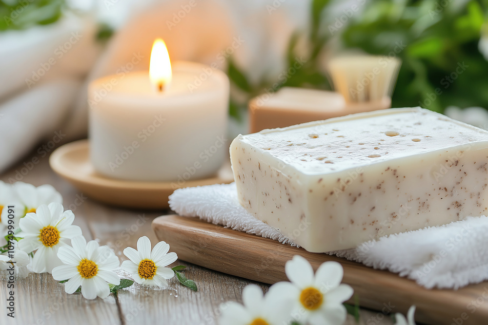 Relaxing spa setting with natural soap, candle, and flowers arranged on a wooden table for a peaceful atmosphere. Generative AI Relaxing spa setting with natural soap, candle, and flowers arranged on a wooden table for a peaceful atmosphere. Generative AI
