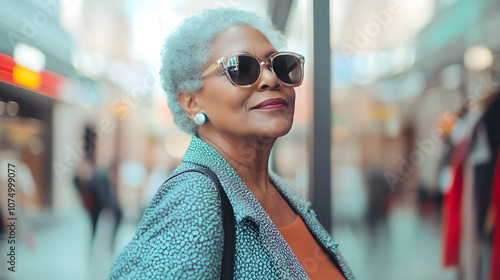 A senior stylish black woman with gray hair confidently shops, wearing sunglasses and a fashionable coat in a vibrant shopping setting photo