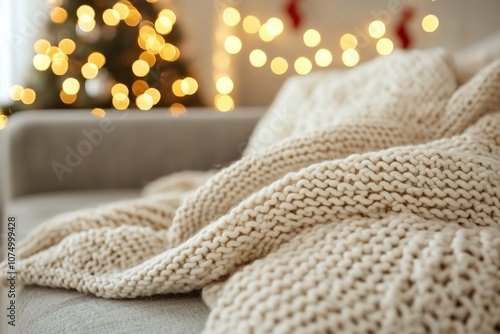 Cozy knitted blanket on sofa with festive lights in background