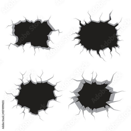 Set of illustration cracked and destroyed wall