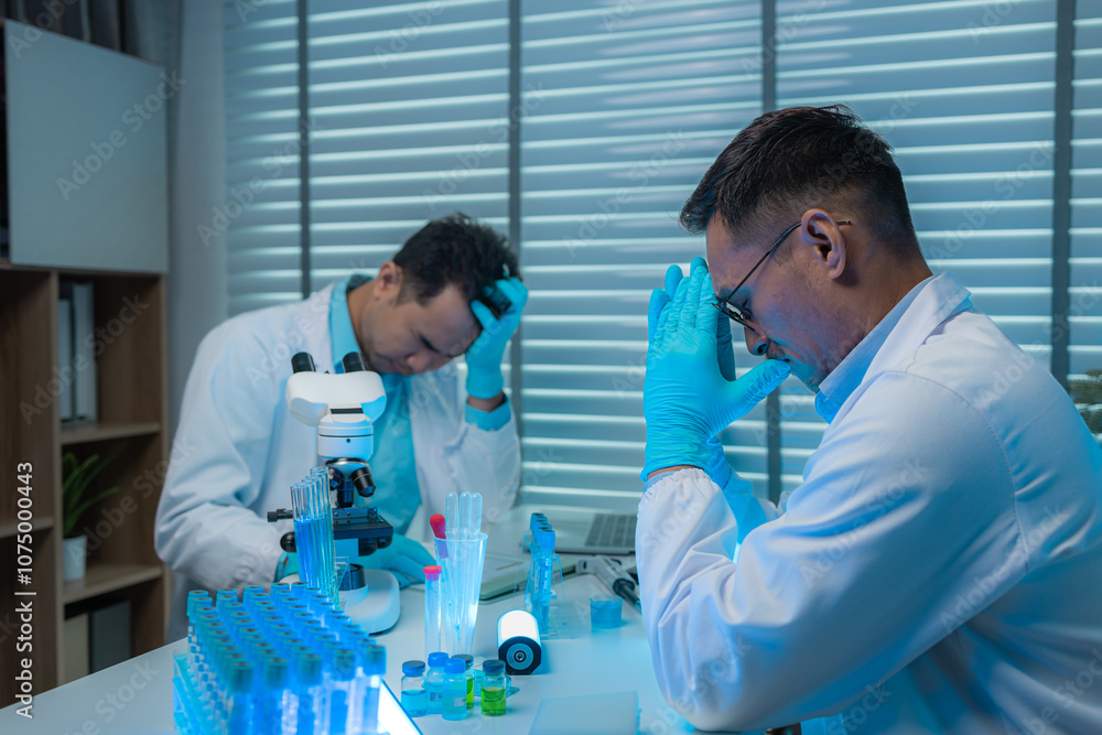 two scientist feel stressed and tired because they have been working in the laboratory for thirteen hours non-stop, microscope is a science equipment, research, laboratory in blue two scientist feel stressed and tired because they have been working in the laboratory for thirteen hours non-stop, microscope is a science equipment, research, laboratory in blue
