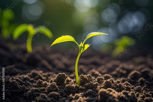 Young plant springing up out of the soil photo