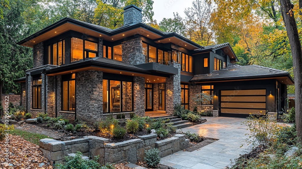 A modern house with stone exterior and large windows, illuminated at night A modern house with stone exterior and large windows, illuminated at night