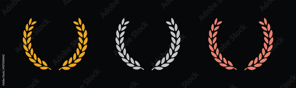 Laurel wreath of victory icon, set of gold, silver, and bronze medals on black background, laurel frame ranking decoration. Vector illustration Laurel wreath of victory icon, set of gold, silver, and bronze medals on black background, laurel frame ranking decoration. Vector illustration