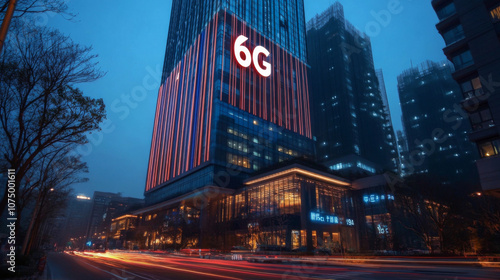 Futuristic 6G Connectivity Projection on Smart City Building Facade at Night