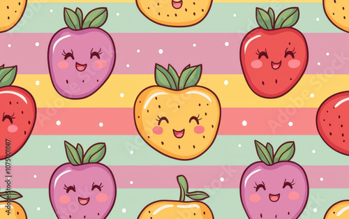 Cute kawaii strawberries with smiling faces on colorful striped background. Whimsical and cheerful seamless pattern for textiles, wallpapers, and designs.