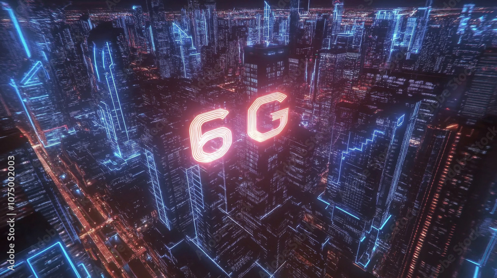 Glowing 6G Text Dominates Futuristic Smart City Skyline with Holographic Shimmer