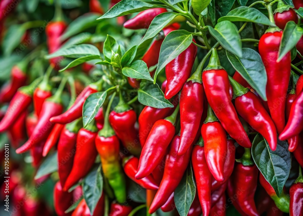 Vibrant red chili peppers, ripe and ready, cling to a verdant bush.