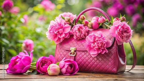 Vintage Pink Bag Peonies, Elegant Photography,  Stylish Handbag