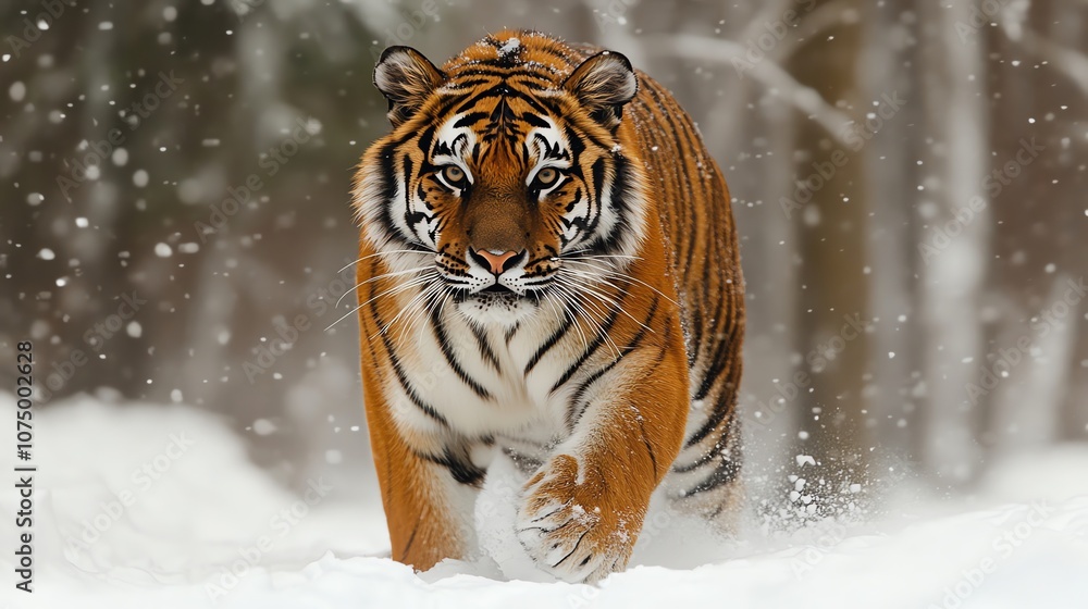 Obraz premium A Siberian tiger walks through a snowy forest, looking directly at the camera.