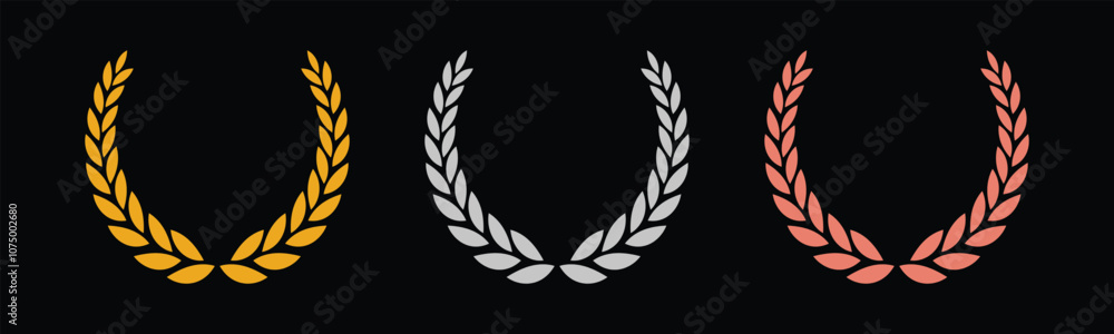 Laurel wreath of victory icon, set of gold, silver, and bronze medals on black background, laurel frame ranking decoration. Vector illustration Laurel wreath of victory icon, set of gold, silver, and bronze medals on black background, laurel frame ranking decoration. Vector illustration