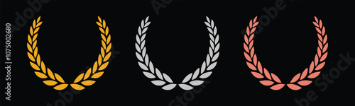 Laurel wreath of victory icon, set of gold, silver, and bronze medals on black background, laurel frame ranking decoration. Vector illustration