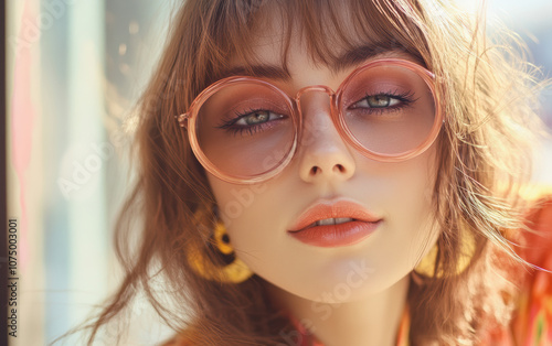 Close-up portrait of a young woman with bold makeup and round glasses, gazing confidently. Modern, stylish look with vibrant colors and sunlight.