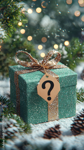 beautifully wrapped green gift box with question mark tag sits amidst snowy pine branches and soft bokeh lights, evoking sense of mystery and holiday cheer