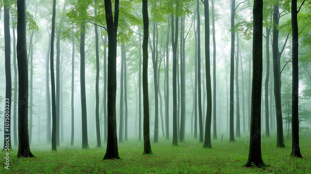 a misty, fog-covered forest with tall trees fading into the distance a misty, fog-covered forest with tall trees fading into the distance