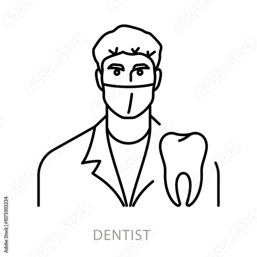 Dentist, line icon. Male doctor wearing medical mask and cap, tooth symbol near. Dentistry and teeth care issue. Oral surgery concept. Linear illustration, editable stroke icon