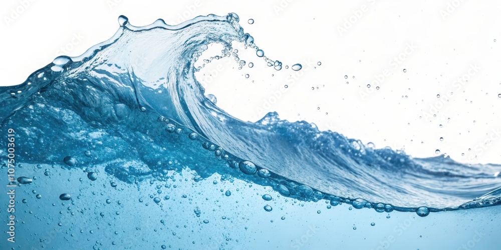Fototapeta premium A splash of blue water frozen in time, with tiny air bubbles rising to the surface, creating a visually captivating scene.