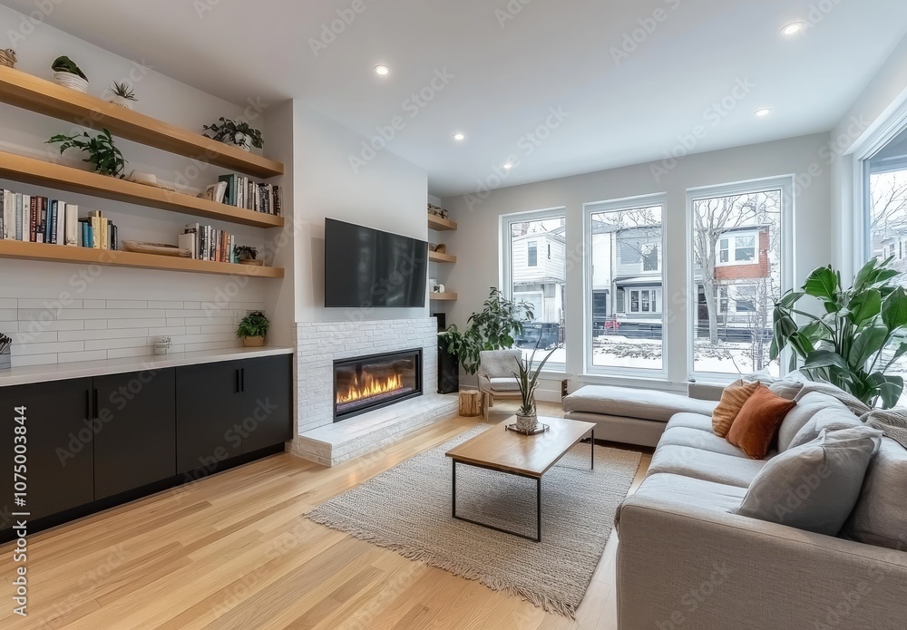Fototapeta premium the living room in an new modern farmhouse with light grey walls, white ceiling and wooden floors
