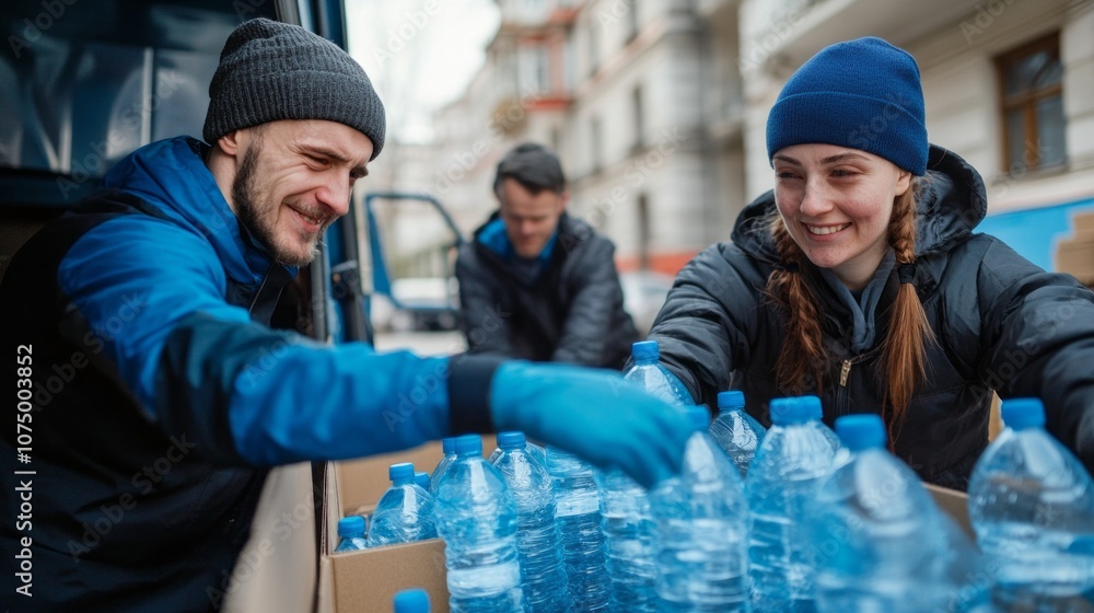 A man and a woman are smiling as they open a box of water bottles A man and a woman are smiling as they open a box of water bottles