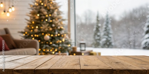 Wallpaper Mural A rustic wooden table set against a backdrop of a blurred Christmas tree and a snowy winter landscape. Torontodigital.ca