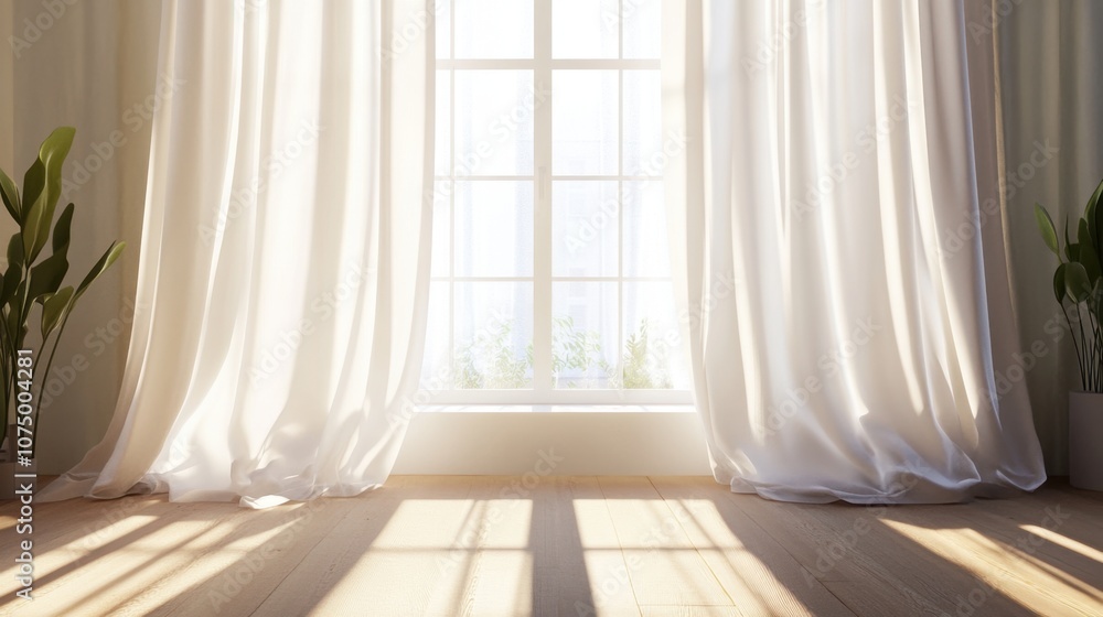 Bright and Airy Interior Space with Soft White Curtains and Potted Plants Illuminated by Natural Light Streaming Through a Large Window Bright and Airy Interior Space with Soft White Curtains and Potted Plants Illuminated by Natural Light Streaming Through a Large Window