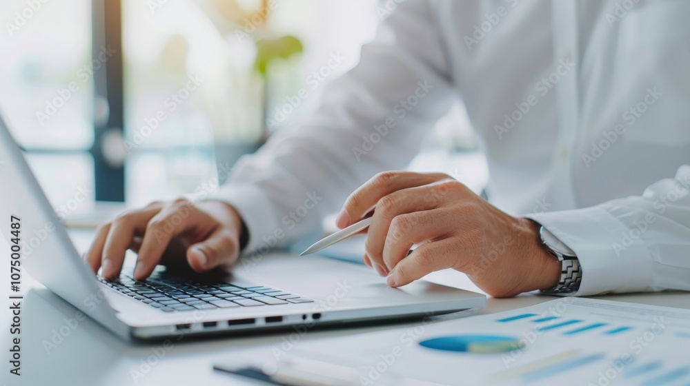 business professional’s hands using a laptop and holding a stylus while analyzing financial reports and data charts in an office. business professional’s hands using a laptop and holding a stylus while analyzing financial reports and data charts in an office.