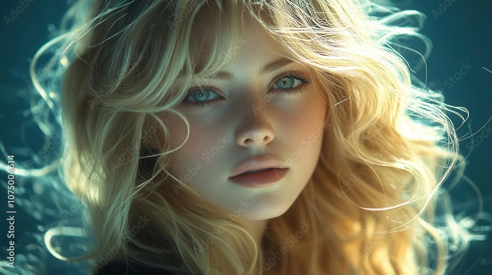 Fototapeta premium blonde woman with flowing hair illuminated by soft ambient light, her glossy waves contrasting against a dark backdrop. the scene evokes elegance and serenity