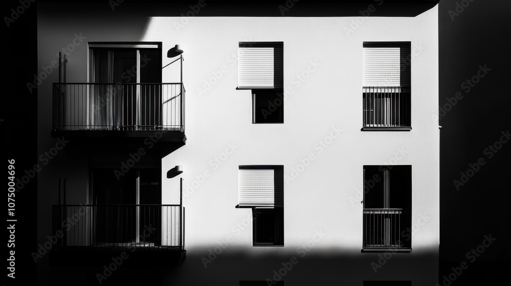 Obraz premium Minimalist architectural facade in black and white showcasing shadows, windows, and balconies, creating a modern urban aesthetic with a dramatic contrast in lighting