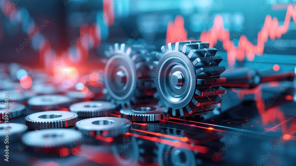 Close-up of metal gears on a high-tech digital background with red and blue lighting, symbolizing industry, engineering, and machinery technology. Close-up of metal gears on a high-tech digital background with red and blue lighting, symbolizing industry, engineering, and machinery technology.